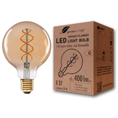 Afbeelding van greenandco® Vintage led gloeilamp, E27, G95, 5 W (komt overeen met 35 W), 400 lm, 2000 K, warm wit, 360 graden, 230 V, glas, geen flikkeren, niet dimbaar