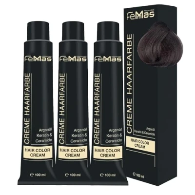 Image de FemMas Lot de 3 colorations pour cheveux 100 ml Enrichies à l’huile d&#039;argan, la kératine et aux céramides Idéales une teinte professionnelle permanente Blond foncé cendré 6.1
