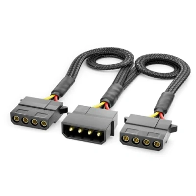 Afbeelding van deleyCON 30 cm molex Y 4 polige verlengkabel MXI voeding voor pc componenten mannelijk polig naar 2 x vrouwelijk zwart
