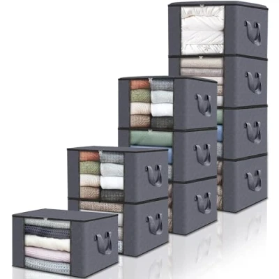 Image de edihome, Sac de Rangement Vetement, (X pièces), Boite Sous le Lit, Caisse Pliable, en Tissu Solide, Poignées Renforcées (Gris foncé, Pack 10)