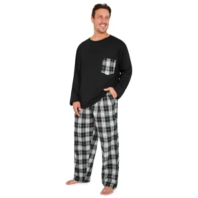 Afbeelding van CityComfort Warme pyjamaset voor heren, loungewear tieners, winternachtkleding, lange mouwen, kerstverjaardagscadeau mannen, zwart.
