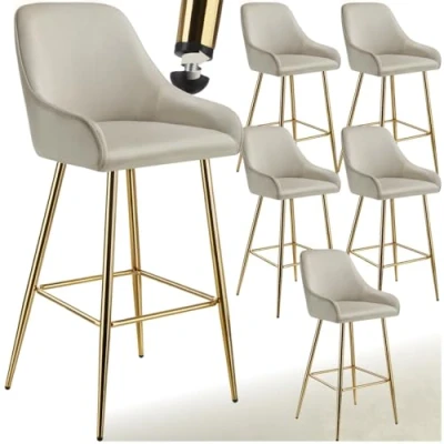 Afbeelding van tectake® Set van 6 Barkrukken Avane Gestoffeerde Barkruk met rugleuning Barstoelen Ergonomische Barstoel voetensteun Eetkamerstoel fluweellook bekleding Stevige stalen poten antislip vloerbescherming Crème/Goud