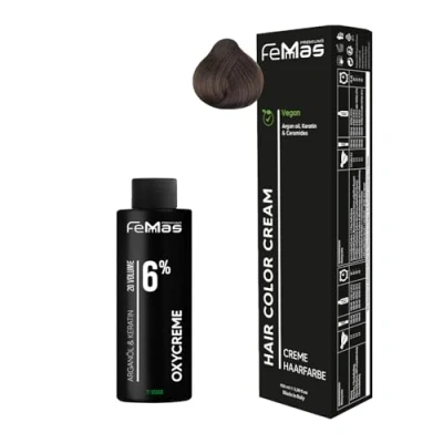 Afbeelding van Femmas haarverf donkerblond goud 6.3 100 ml + oxycrème 6% permanente haarkleur ontwikkelaar zacht en duurzaam salon