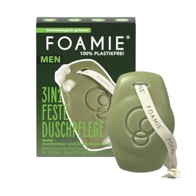 Image de Foamie Douche fixe 3 en 1 pour homme, graines de chanvre et huile bois cèdre, le corps, visage, shampooing solide nettoyage apaisant, 90 g