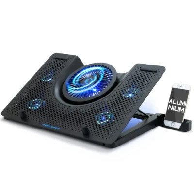 Afbeelding van EMPIRE GAMING Turboost Koeler voor gamer pc laptop, aluminium, 5 ventilatoren, standaard 12 tot 17 inch, hoogtes, blauwe led achtergrondverlichting