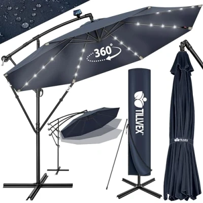 Afbeelding van tillvex Aluminium led zweefparasol, diameter 300 cm, met zwengel, aan/uit schakelaar, uv bescherming, aluminium, standaard, marktparasol, waterdicht