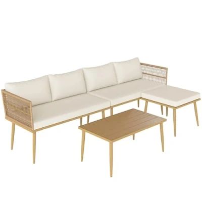 Afbeelding van Outsunny Tuinmeubelset voor buiten, polyrotan, 5 zits, modulair, met 2 banken, poef en salontafel, afneembare kussens, tuinmeubelen balkon, terras, veranda, crème