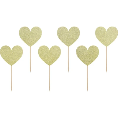 Afbeelding van PARTYDECO 6 gouden hartjesprikkers met glitter 11 cm