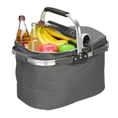 Afbeelding van Relaxdays boodschappenmand boodschappentas picknickmand mandje koeltas 27 liter grijs