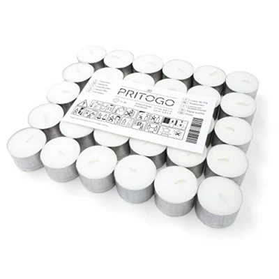 Image de Pritogo Lot de 30 bougies chauffe plat blanches dans un étui en aluminium Ø 3,8 x 2,5 cm, sans suie, durée combustion : 8 heures