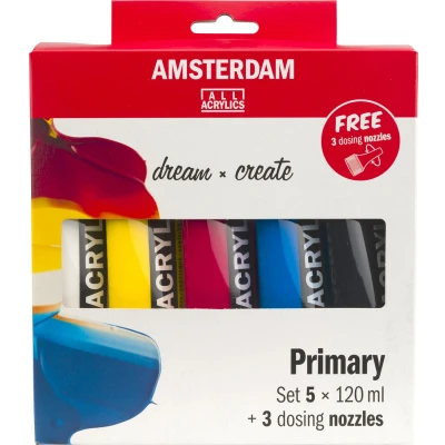 Afbeelding van Amsterdam Acrylverf Primair 120 Ml, 5 Tubes + 3 Tuiten