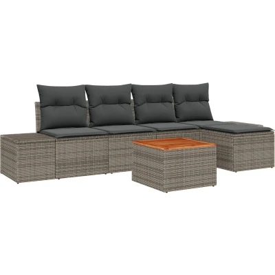Afbeelding van vidaXL 6 delige tuinbankset met kussens Grijze Poly Rattan Acacia