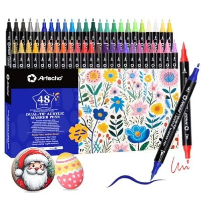 Afbeelding van Artecho Stylos de peinture acrylique 48 couleurs, marqueurs à double pointe avec pinceau et fine pour sur roche, verre, papier, bois, œuf, toile,