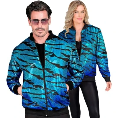 Afbeelding van Widmann Bomberjack Pailletten Jas Avatar Blue Waves Blauw Large / XL Carnavalskleding Verkleedkleding