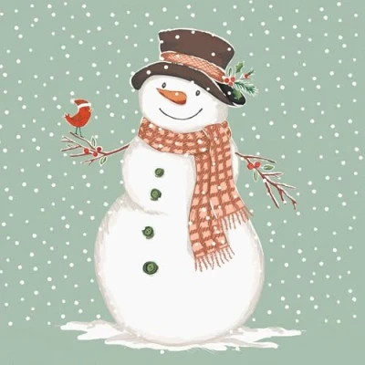 Afbeelding van 20 stuks papieren servetten met sneeuwpop vogel, ook geschikt voor decoupage en servettechniek, 33 x cm