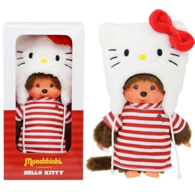 Afbeelding van Bandai Monchhichi pluche dier Hello Kitty iconisch uit de jaren 80 zacht 20 cm voor kinderen en volwassenen muts speelgoed vanaf
