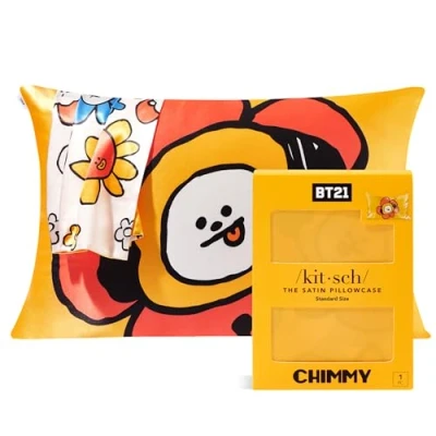 Afbeelding van BT21 Kitsch satijnen kussensloop met ritssluiting, zachter dan moerbeizijde, standaardmaat, voor haar, huidgezondheid en slaapschoonheid, 48,3 x 66 cm, chimmy