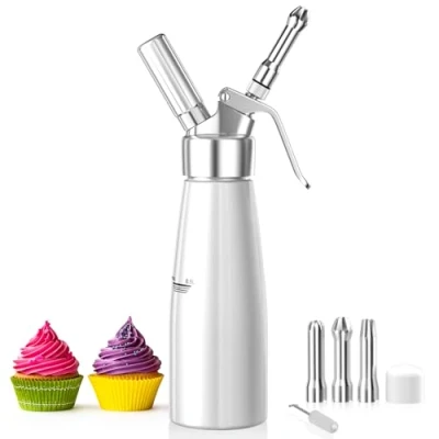 Afbeelding van Newaner 500 ml gemonteerde crème sifon, aluminium huis en keukensifon met 3 roestvrijstalen sproeiers 1 reinigingsborstel, voor het versieren van verjaardagstaarten, bakken,