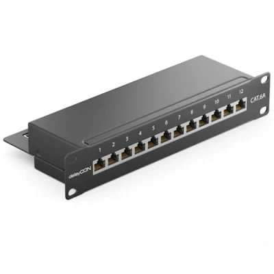 Afbeelding van deleyCON CAT 6a Patchpanel Distributiepaneel 12 Poorts Desktop 10 Inch Rackmount Servermontage RJ45 Afgeschermd TIA568A TIA568B Zwart