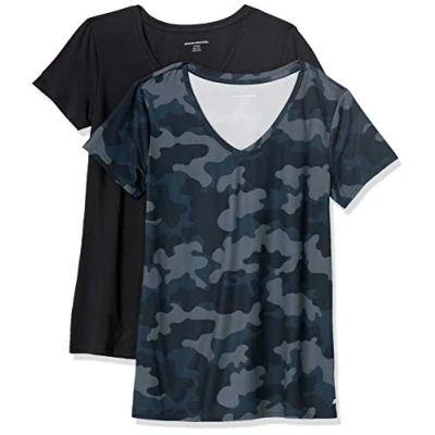 Image de Amazon Essentials T shirt Tech à manches courtes et col en V, extensible (disponible grande taille) Dames, 2 Pack, Bleu Marine Camouflage/Noir, S
