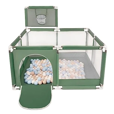 Afbeelding van Selonis Kinderbox met Mand en 200 Ballen, Groen:Pastel Beige/Pastelblauw/Wit
