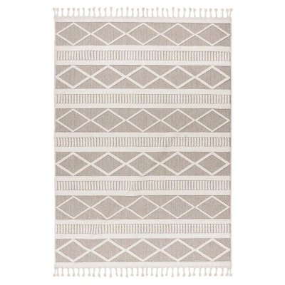 Afbeelding van Lalee Tunis plat geweven vloerkleed Bohemian tapijt hoog en laagpolig 3d met grote franjes tijdloos 200x290cm beige