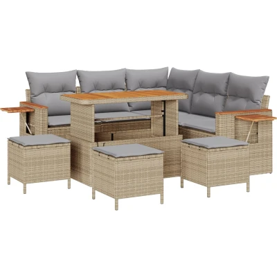 Afbeelding van vidaXL 9 delige Tuinbankset met Kussens Beige Poly Rattan Acacia