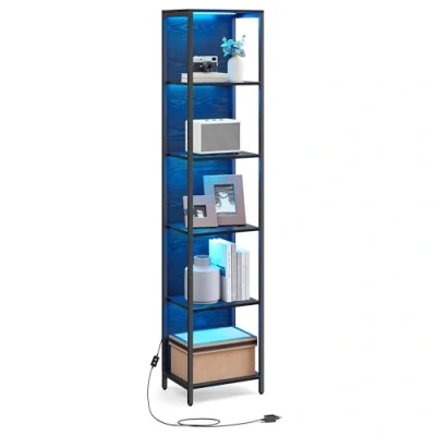 Afbeelding van VASAGLE Boekenkast met 6 niveaus verstelbare ledverlichting, plank stalen frame, 30,3 x 40 178,6 cm, voor woonkamer, slaapkamer, kantoor, ebbenhout zwart LLS121B57