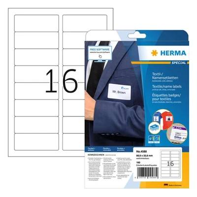 Image de Herma 4588 étiquettes textiles/pour badges nominatifs A4 88,9 x 33,8 (160 étiquettes) blanc