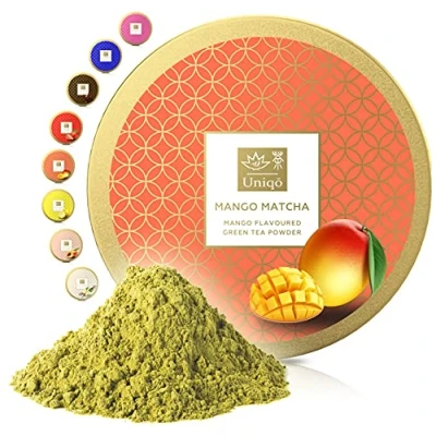 Image de Tea Uniqo Matcha mangue en poudre pour glace, latte, milkshake, pâtisserie, cuisine ou à boire seul Thé vert goût mangue, 100 % naturel, dans une boîte refermable
