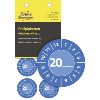 Afbeelding van AVERY Zweckform 7903 80 stuks testplaten 20xx (met jaar om zelf in te schrijven, robuust, zelfklevend, Ø 30 mm, teststickers, beschrijfbare controlezegels van vinylfolie)
