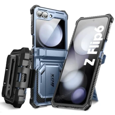 Afbeelding van i Blason Samsung Galaxy Z Flip 6 hoes met standaard, [geïntegreerde displaybescherming] [scharnierbescherming] [riemclip], militaire beschermhoes voor het hele lichaam (blauw)