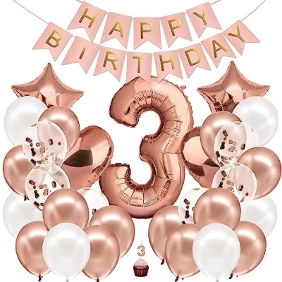 Afbeelding van Verjaardag Decoratie Meisje Rose Goud Nummer 3e Gelukkige Slinger Folieballon 3 Ballon van Kinderen