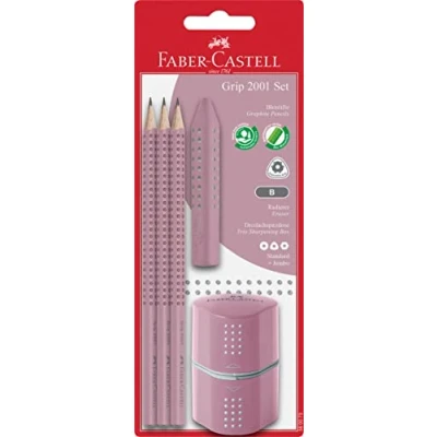 Afbeelding van Faber Castell 580073 Grip 2001 set van 3 potloden hardheid B met gum en puntenslijper rozeschaduw