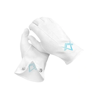 Afbeelding van THE MASONIC COLLECTION Witte zware katoenen herenhandschoenen met geborduurd blauw vierkant logo en kompas, wit, Wit.
