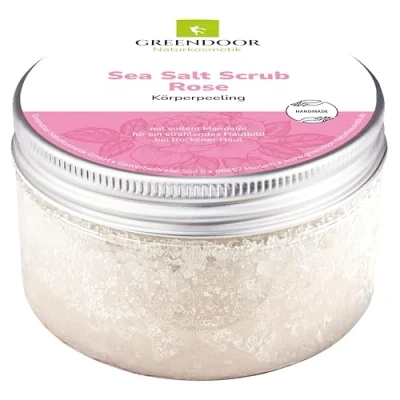 Afbeelding van 100% natuurlijke cosmetica Greendoor lichaamscrub met amandelolie, zeezout en roos gegarandeerd zonder conserveringsmiddelen pot van 280 g