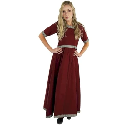 Afbeelding van Leonardo Carbone® Ennlin Damesjurk, randdesign, veters op de rug, carnaval, Halloween, cosplay, LARP, middeleeuws, Viking, kostuum, A lijn, 100% katoen, Rood