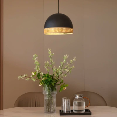 Afbeelding van Lindby hanglamp 1licht ijzer, rotan H: 21 cm E27 zwart, natuur