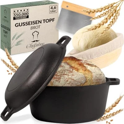 Afbeelding van Chefarone Gietijzeren Pan 4,6 L Braadpan voor alle Warmtebronnen Broodbakbol Brood Bakken Inductie Sudderpan Broodpan Ø24CM Kookpan Inclusief Deksel, Spatel en Rijsmand Cast Iron Zwart Tot 300C