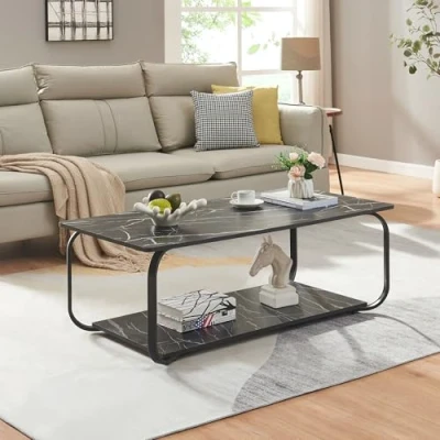 Afbeelding van [en.casa] Salontafel met plank, bijzettafel opbergruimte, tijdloos design, rechthoekig, MDF, staal, 120 x 60 43 cm, marmereffect, zwart