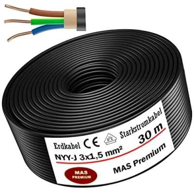 Afbeelding van MAS Premium® Aardingskabel voor elektrische stroomvoorziening standaard van het Duitse merk, ring installatie in de grond en buiten (NYY J 3 x 1,5 mm², 30 m)