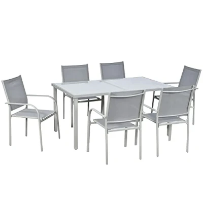 Afbeelding van Outsunny Tuinset, tuinmeubelen, 7 delig, 6 stoelen en 1 tafel met blad van gehard glas, stapelbare stoelen, staal, grijs