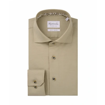 Afbeelding van Michaelis slim fit heren overhemd twill beige Strijkvriendelijk Boordmaat: 38