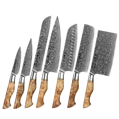 Afbeelding van Luxe en Professionele 7 delige Keukenmessen set van Damascus Staal (67 lagen, VG10) HEZHEN B30 Series Handvat Plataanhout met Klinknagel Mozaïek Koksmes + Broodmes Nakiri Hakmes Santokumes Groentemes Schilmes