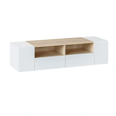 Afbeelding van Tv meubel, woonkamermeubelset, model Tamiko, afgewerkt in Artik White en Canadian Oak, afmetingen: 138 cm (L) x 36 (H) 42 (D)