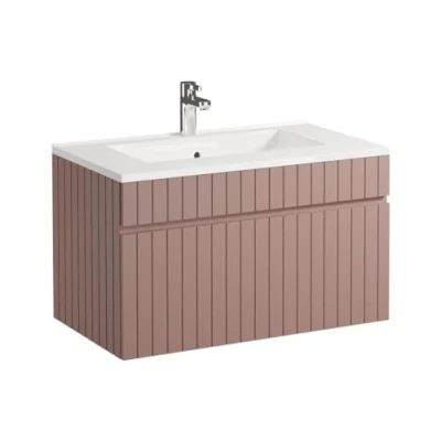 Afbeelding van Roze gestreept hangmeubel voor badkamer met inbouwwastafel 80 cm SATARA L x H 46 D