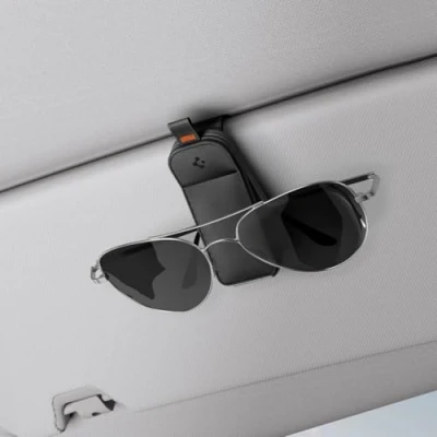 Afbeelding van Spigen Tesla Model Y en 3 ( 2024 Highland) zonnebrilhouder voor universeel autovizier [veganistisch leer], auto accessoires, compatibel met Peugeot, Audi, enz. (2 stuks) zwart
