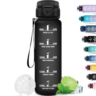 Afbeelding van Grsta 1 liter verliesvrije filterwaterfles, motiverende drinkfles met tijdschaal, gemakkelijk te reinigen, voor sport, fitness, wandelen, fietsen, zwart