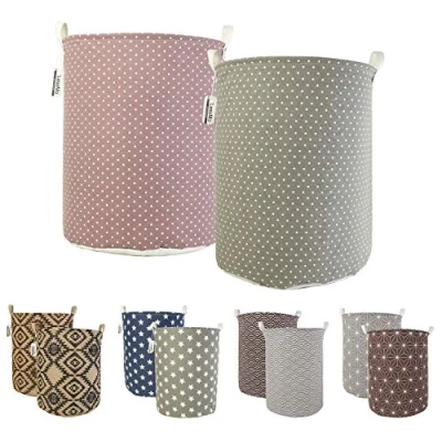 Afbeelding van LessMo Opvouwbare wasmand, rond, van katoen en linnen, waterdicht, voor slaapkamer, babykleding, speelgoed