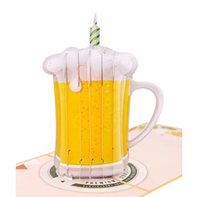Afbeelding van MOKIO® Pop up kaart bier met kaars &quot;Happy Beerthday&quot; grappige 3D wenskaart voor verjaardag, als waardebon of geldgeschenken, handgemaakte cadeaukaart envelop